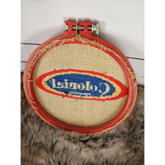 Vintage Colonial-Inspired Needlepoint Wall Art In Red Plastic Hoop Frame - Picture 2 of 5